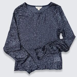 Lucky Brand Sequin Long Sleeve Top Mood Indigo Navy Medium NWT Festive Metallic